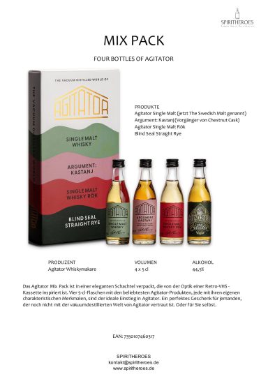 Mix-Pack-Produktbeschreibung mit Flaschen und Angaben zu verschiedenen Geschmacksrichtungen.