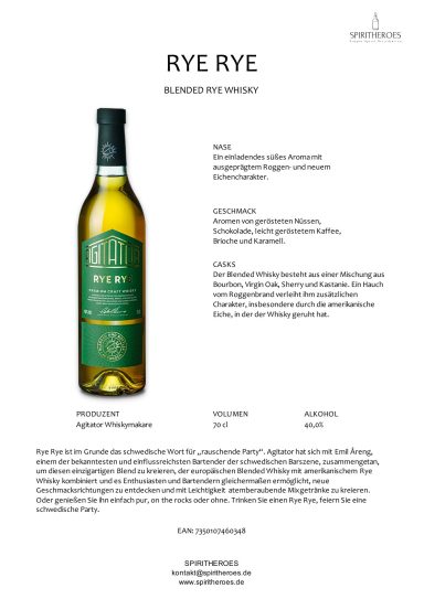 Flasche Rye Whisky mit grünem Etikett und goldener Kappe, Beschreibung und Preis unten.